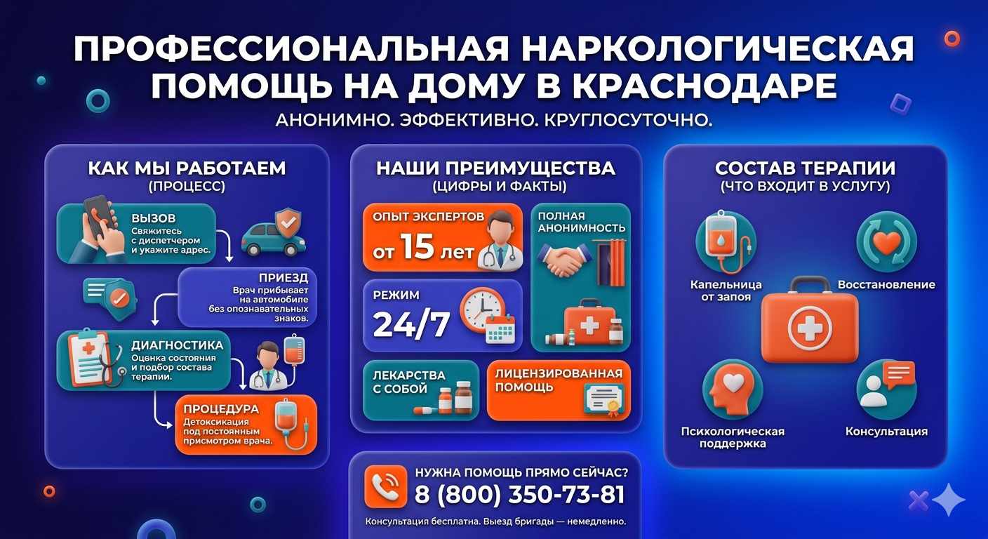 Инфографика о принципах лечения алкоголизма на дому в Покровке: этапы вызова нарколога, преимущества анонимной детоксикации и состав медицинской помощи.